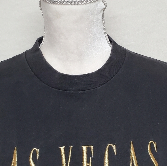 Vintage 1990s Oneita Washed Black Las Vegas Nevada Gold Embroidered Graphic Tee - Picture 3 of 11